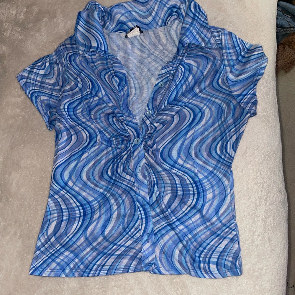 Chic Blue Patterned Women's Blouse